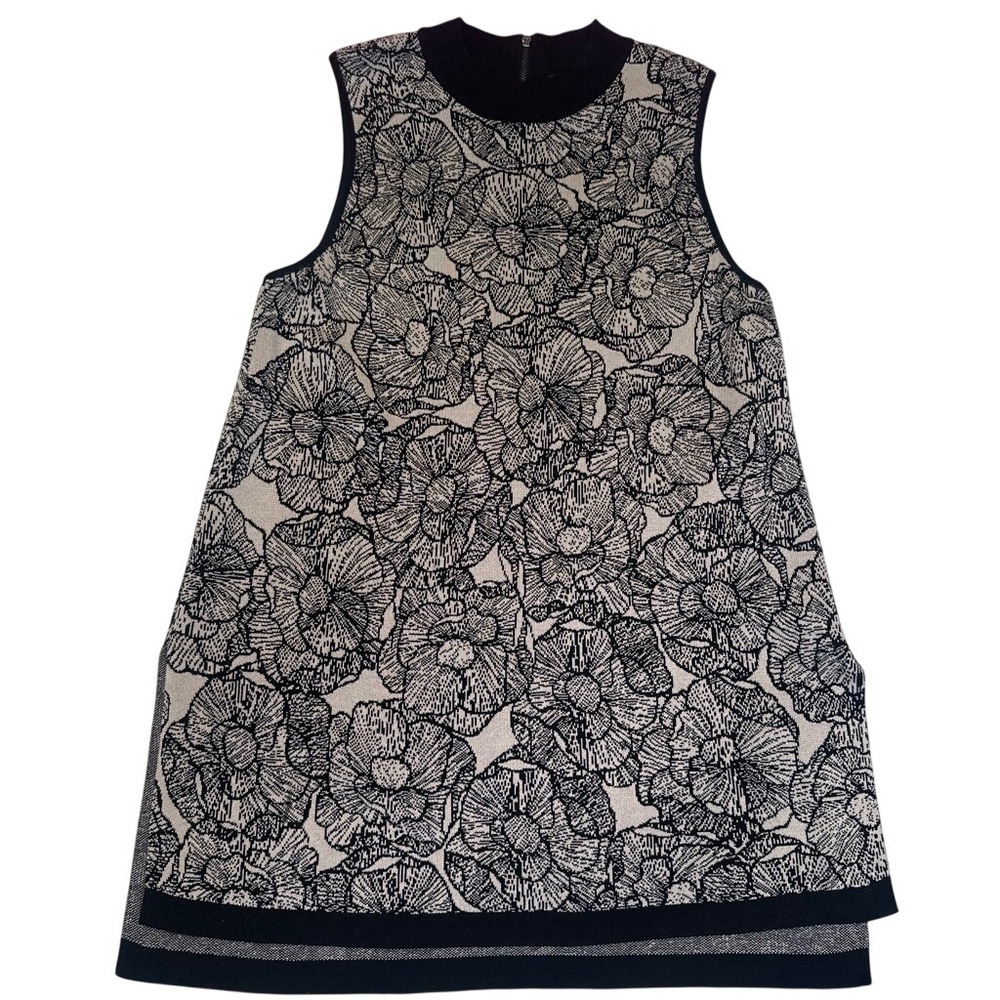 Lagenlook Academia Floral Jacquard Knit Sleeveless Tunic Sweater Mock Neck Large
